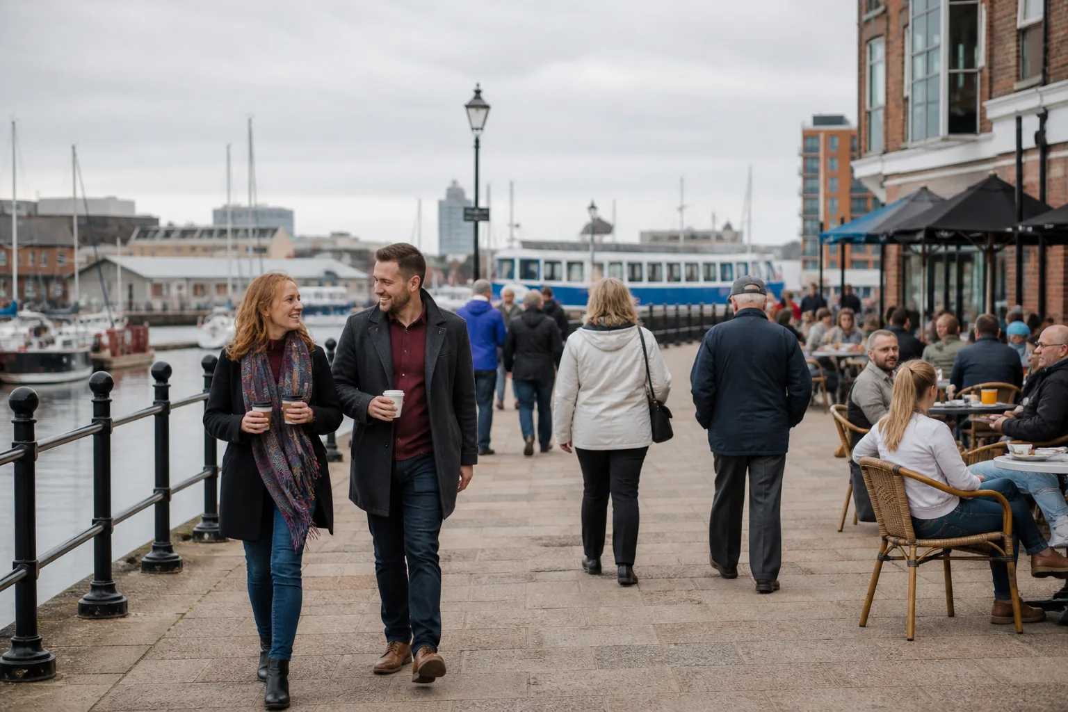 Two adults meeting for coffee at a busy waterfront venue in Portsmouth