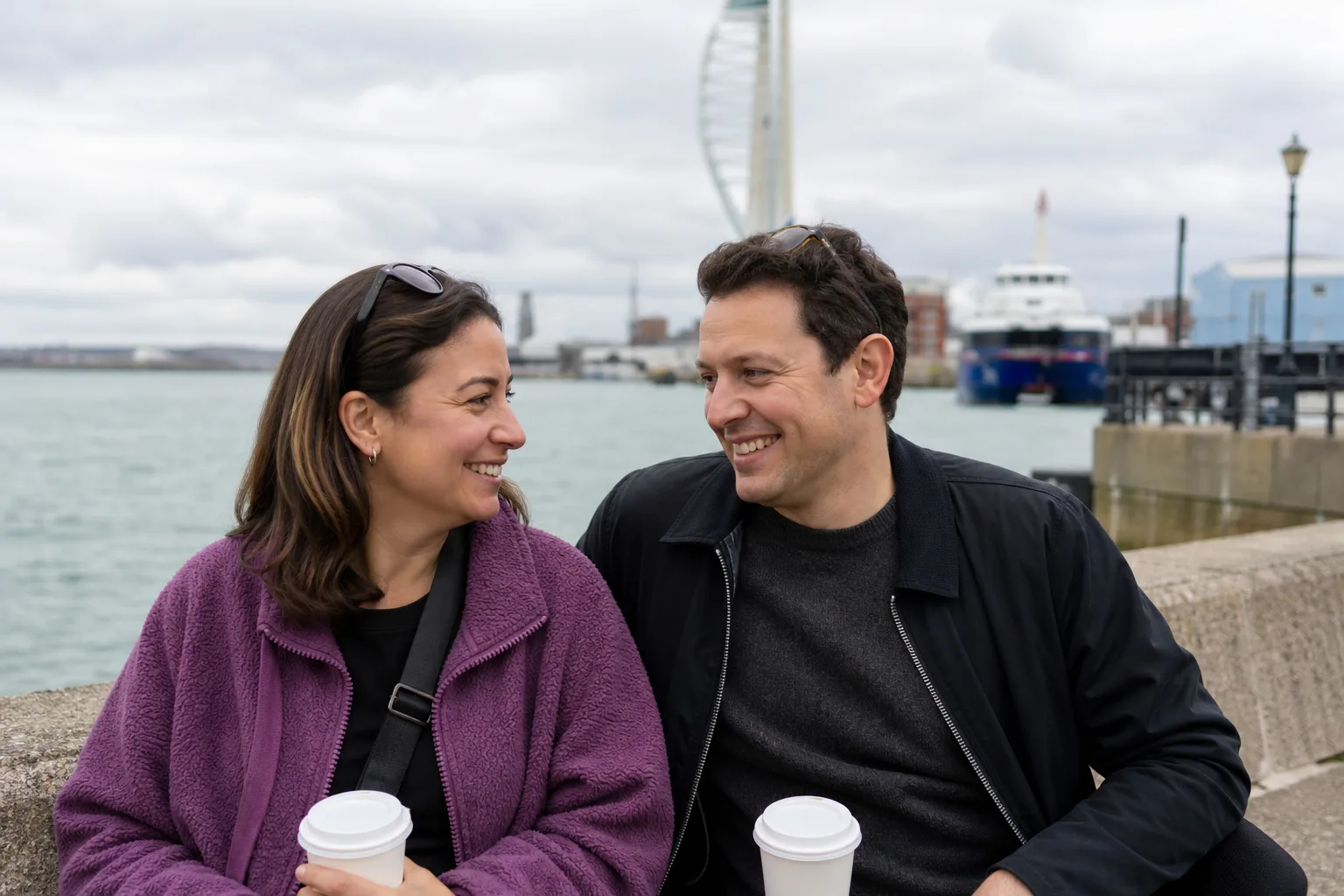 Two people talking beside the seafront in Southsea, Portsmouth