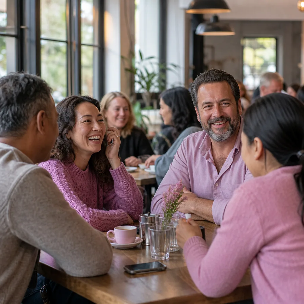 Friends checking local event listings together in a Portsmouth café