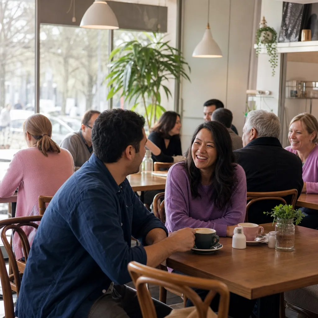 A couple meeting outside a café at Gunwharf Quays in Portsmouth